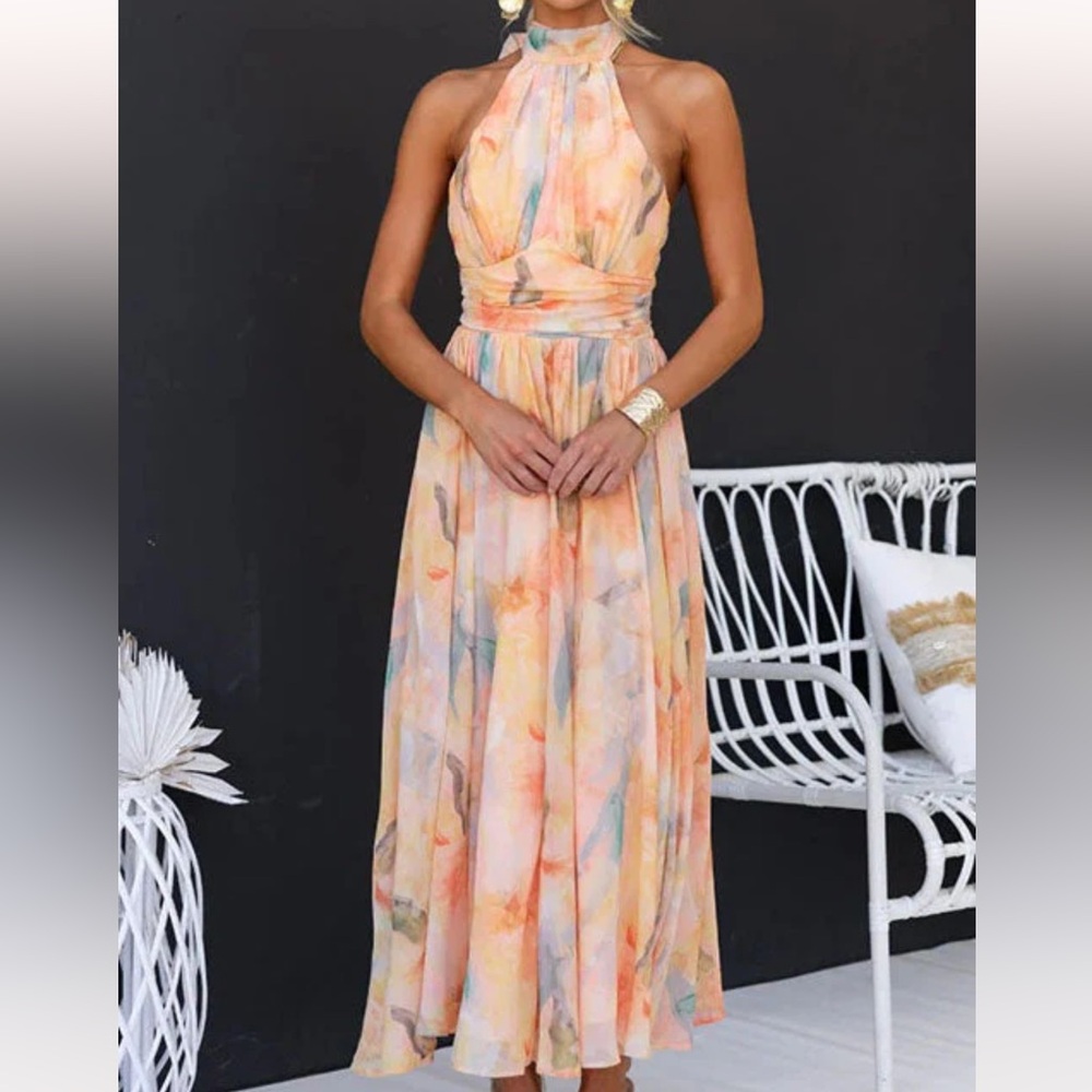 Halter Neck Open Back Waisted Watercolor Print Maxi Dress